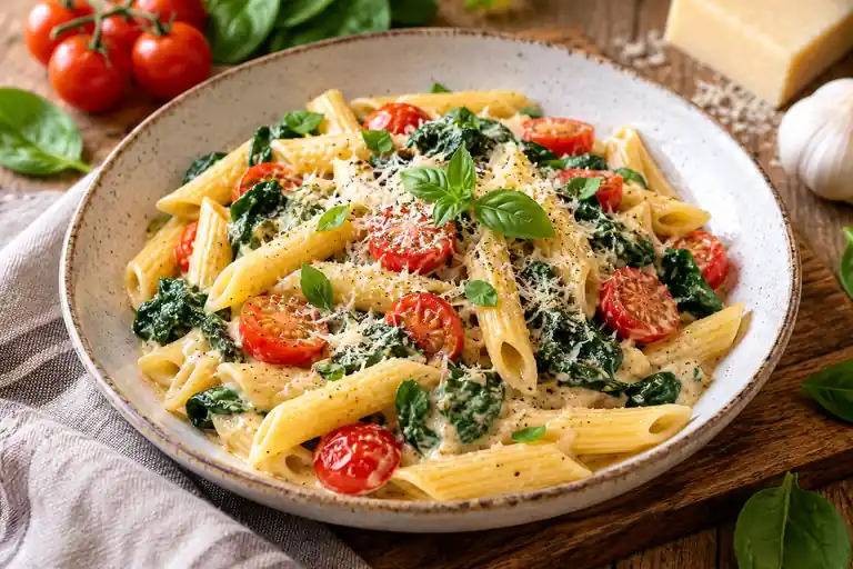 Creamy spinach penne with cherry tomatoes and Parmesan