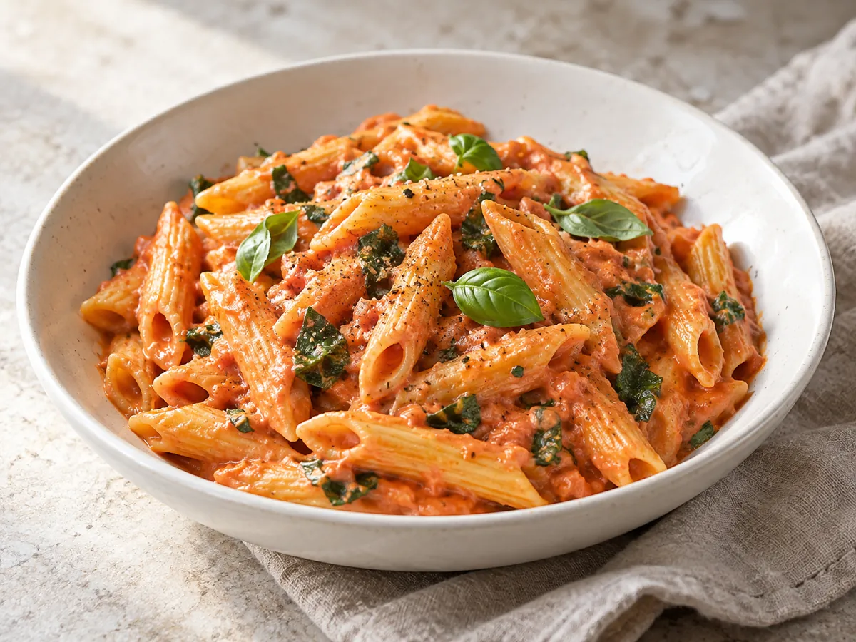 Creamy tomato pasta with basil