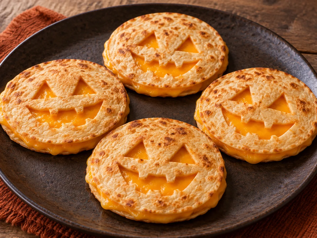 Halloween jack-o-lantern cheese quesadillas