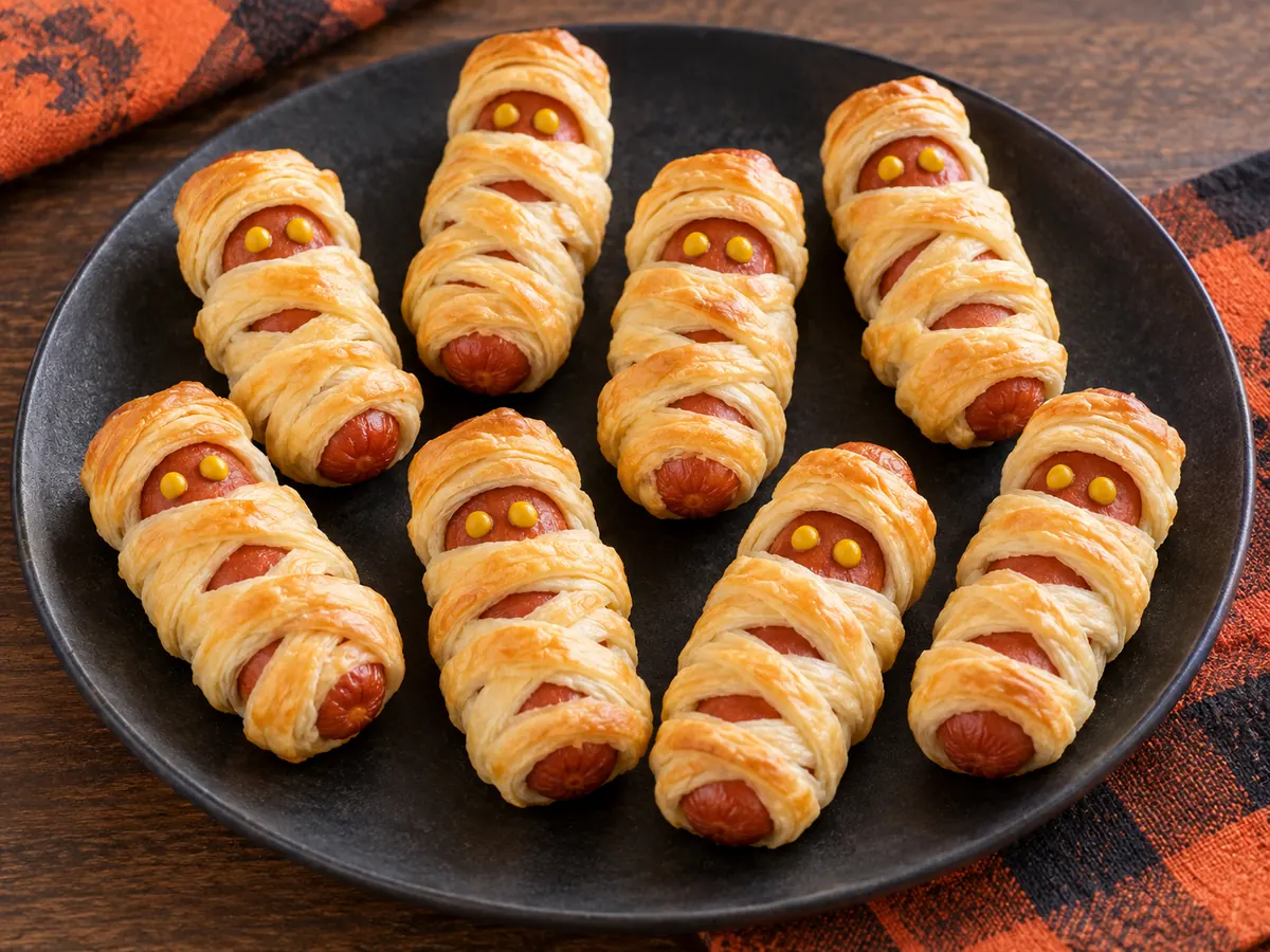 Halloween puff pastry mummy sausages